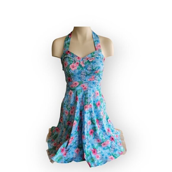 Hot Topic Fit and Flare Hawaiian Tiki Dress XS Blue Floral Halter Swing Retro - Picture 8 of 13